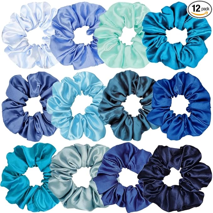 Sufermoe 12 Pcs Satin Silk Hair Scrunchies, Assorted Blue, 4.5 Inch Hair Ties for Women Girls