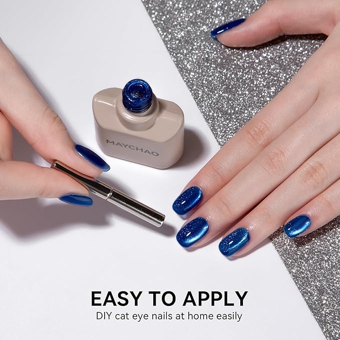 MAYCHAO 15ML Electric Blue Cat Eye Gel Nail Polish 1Pc Royal Blue Holographic Gel Polish Soak off Magnetic Nail Polish for Nail Art Manicure Salon DIY at Home, 0.5 OZ