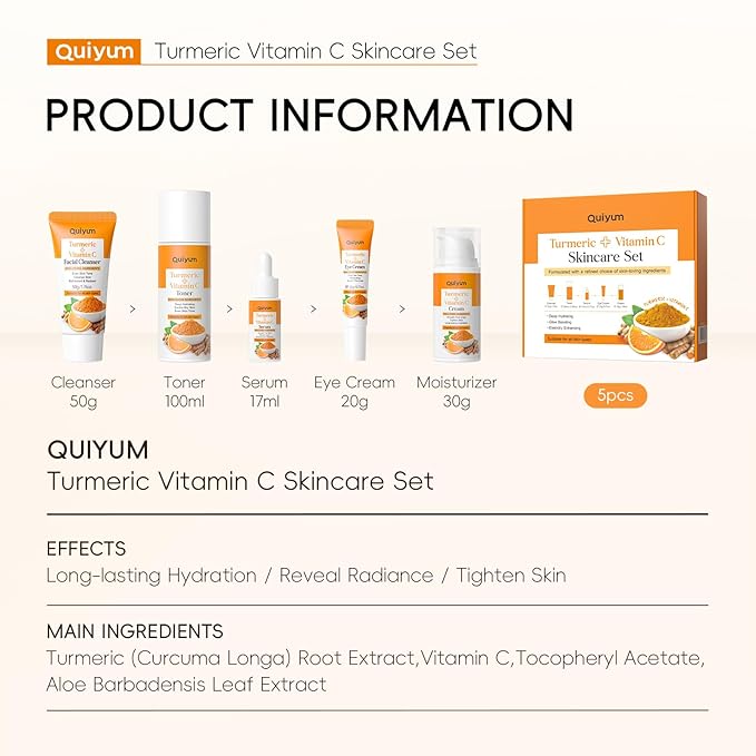 QUIYUM Skin Care Set, Turmeric Vitamin C Skincare Kits 5PCS - Beauty Facial Skin Care Routine Set Kit for Women, Dark Spot Remover for Face, Reduce Acne, Even Tone, Glow, Valentine's Day Birthday Gift