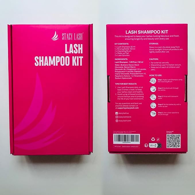 STACY LASH Lash Shampoo 50ml Kit Foaming Cleanser with Eye Lash Spoolies & Rinse Bottle & Cleansing Pad & Brush for Eyelash Extensions & Clusters & Natural Eyelashes