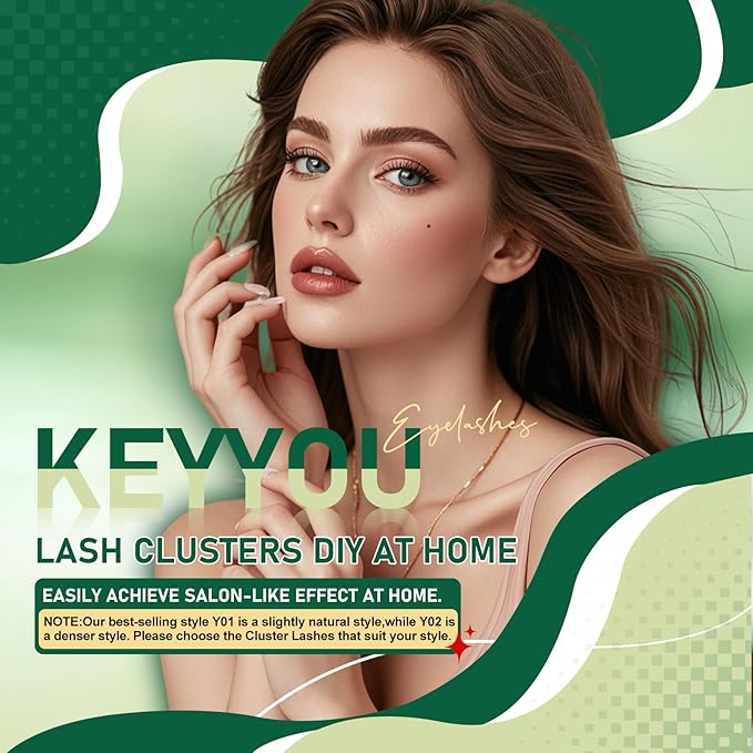 KEYYOU Lash Clusters,96 Pcs Cluster Lashes Y01 D Curl 12mm DIY Lash Extensions Eyelash Clusters,Volume Wispy Individual Lashes Soft&Comfortable Easy to DIY at Home(Y01,D-12mm)