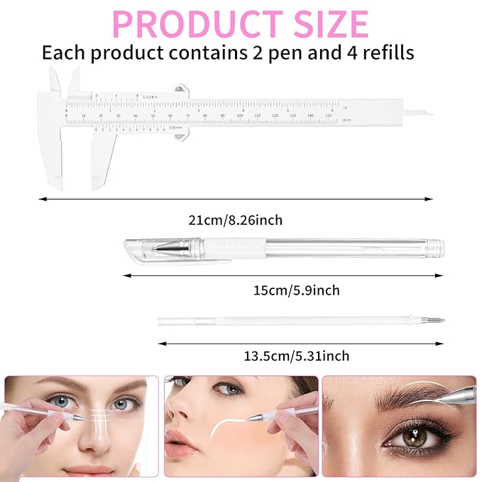 Eyebrow Microblading Marker Pen, 2 Pcs Brow Mapping Pens with with 4 Replacement Refills and 1 Ruler, Makeup Tattoo Skin Marker Pen, Brow Lamination Supplies for Eyebrow Lip Skin(White)