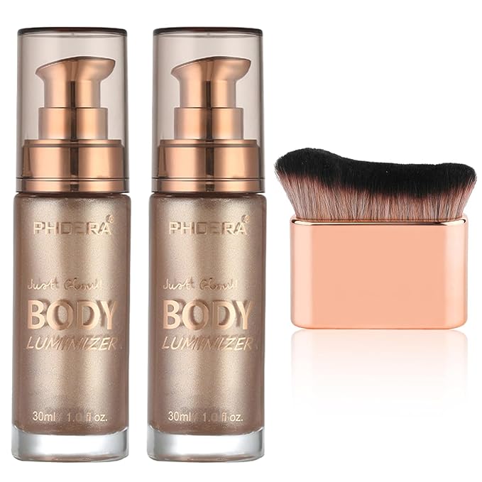 PHOERA Body Shimmer Oil,Waterproof Long Lasting Moisturizing Body Luminizer Glow, Illuminator Highlighter for Face with Makup Bursh, 1oz/Jars(2PCS 101 Rose Gold)