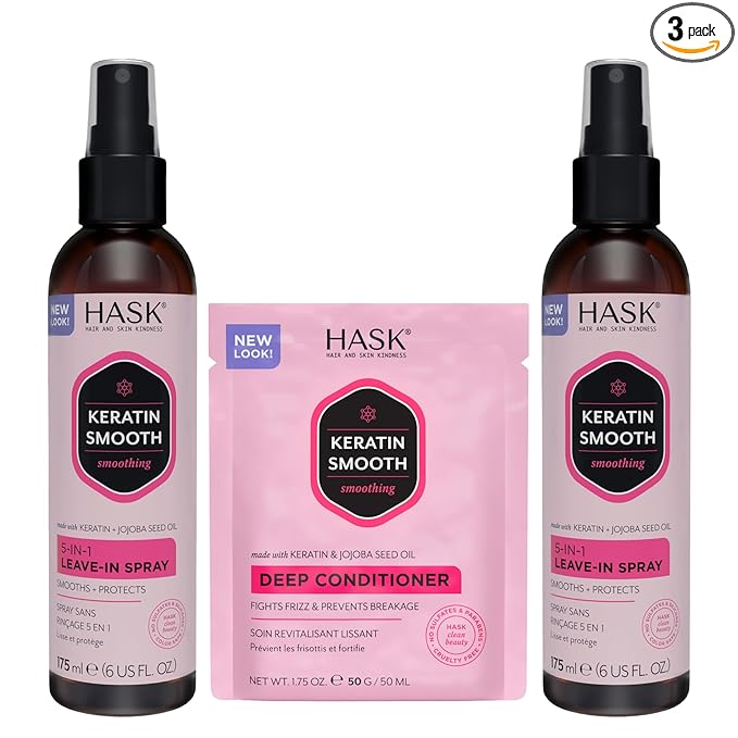 HASK 5-in-1 Leave-In Conditioner Duo (6oz-Qty 2) & Deep Conditioner Packette, Color Safe, Sulfate-Free, Paraben-Free, Gluten-Free, for All Hair Types (Keratin Smooth)