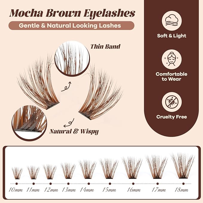 B&Q Mocha Brown Lash Clusters | 280 Pcs Brown Wispy & Natural Eyelash Clusters for Beginner DIY, Complete Lash Extension with Beauty, Fake Eyelashes for Natural Look（80D 10-18mm)