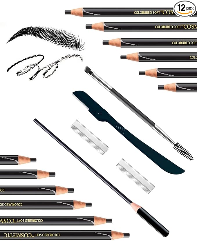 12 Piece Black Waterproof Eyebrow Pencils for Women w/Microblading Eyebrow Pencil & Brow Trimming Supplies Kit Permanent Eye Brow Liners Set For Salon-Quality Shaping & Filling Of Marks