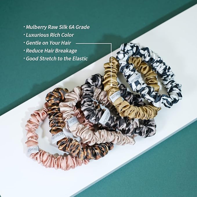 MTSNOO Pure 22 Momme Mulberry Silk Scrunchies Set for Sleep - 6 Pack Elastic Hair Ties for Curly Hair, Women, and Girls