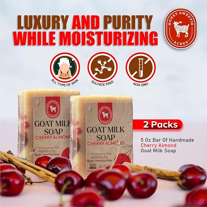 Honey Sweetie Acres 2-Pack of Cherry Almond Goat Milk Soap - Handmade 5 oz Bar, Made with Natural Ingredients, Moisturizing & Gentle, Made in the USA