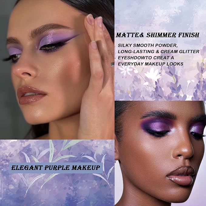 Purple Eyeshadow Palette, 12 Shades Lavender Purple Glitter EyeMakeup Pallet Smokey Neutral Silky Blendable Cream Eye Shadow for Older Women MatteMatellic Pink Compact for Cosplay Halloween Witch Look