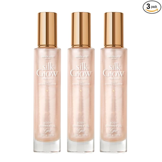 Absolute New York - Silk Glow Shimmer Mist Glow, Radiant, Shimmer Body & Face & Hair, Shea Butter, Coconut Oil, Vitamin E (SBGS04 Rose Gold Oil Gel (Set of 3), 3.4 fl oz)