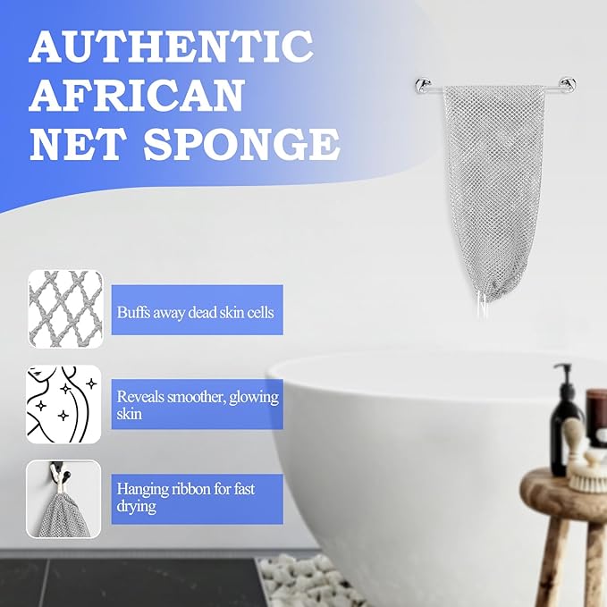 African Net Sponge - Deep Exfoliating Body Scrubber - Ultra Long African Net Sponge Reaches All Back Areas, Gently Buffs Away Dry Flaky Skin for a Renewed Feel, Home Spa Experience（Gray）