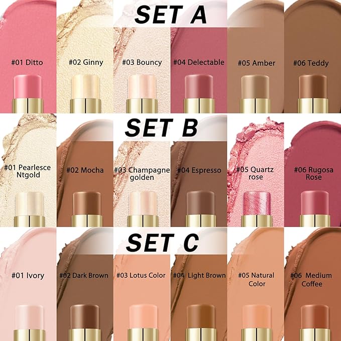 IONSGAKO 6 Colors Cream Contour Stick Makeup Kit, Double-ended Cream Highlighter Stick Bronzer and Blush Stick for Sculpt the Cheeks, Matte & Dewy Finish, Face Contour Kit for Beginners, Set A