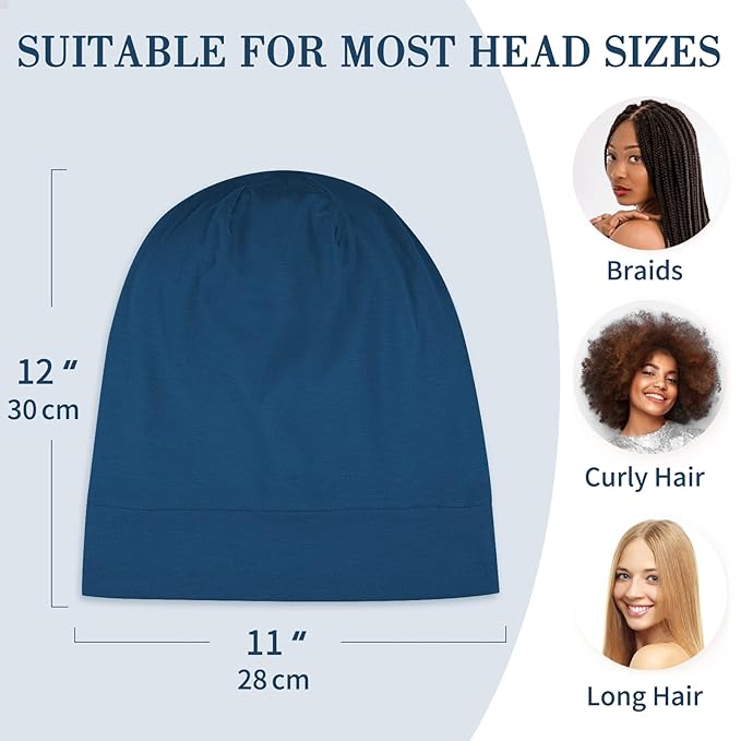 LULUSILK Mulberry Silk Bonnet for Sleeping Women, Real Silk Sleep Cap for Curly Hair and Braids, Pure Head Wrap with Scrunchies, Bijou Blue