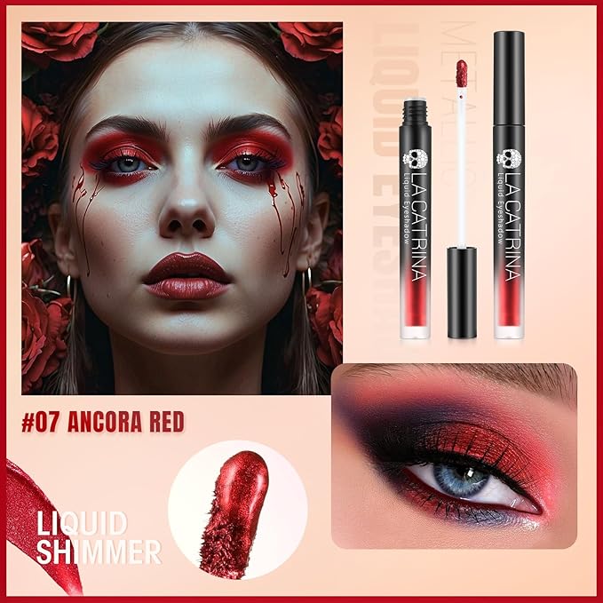 Liquid Red Metallic Eyeshadow - High Pigment Quick-Drying Sparkly Red Gothic Eyeshadow for Sensitive Eyes, Long Last Burgundy Eye Shadow for Christmas, Party, Easy to Remove, Crease-proof & Vegan #07