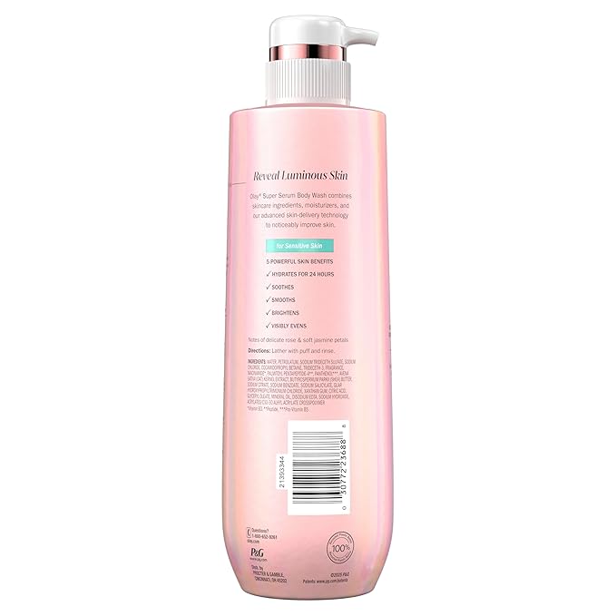 Olay Super Serum Body Wash for Sensitive Skin, 24hr Long Lasting Rich Hydration, 5+ Ingredient Complex for Bright, Even, Firm & Luminous Skin, with Collagen Peptide, Vitamin B5 & Shea Butter, 20 fl oz
