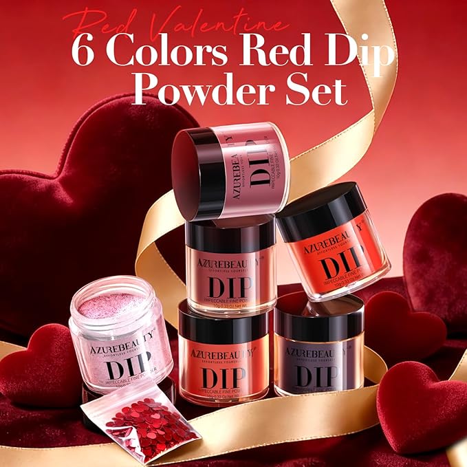 AZUREBEAUTY Dip Powder, Red Glitter 6 Colors Dipping Powder Starter Kit with Heart-Shaped Sequins French Nail Art Manicure DIY Salon Valentine's Day Gift for Women, No Need Nail Lamp Cured