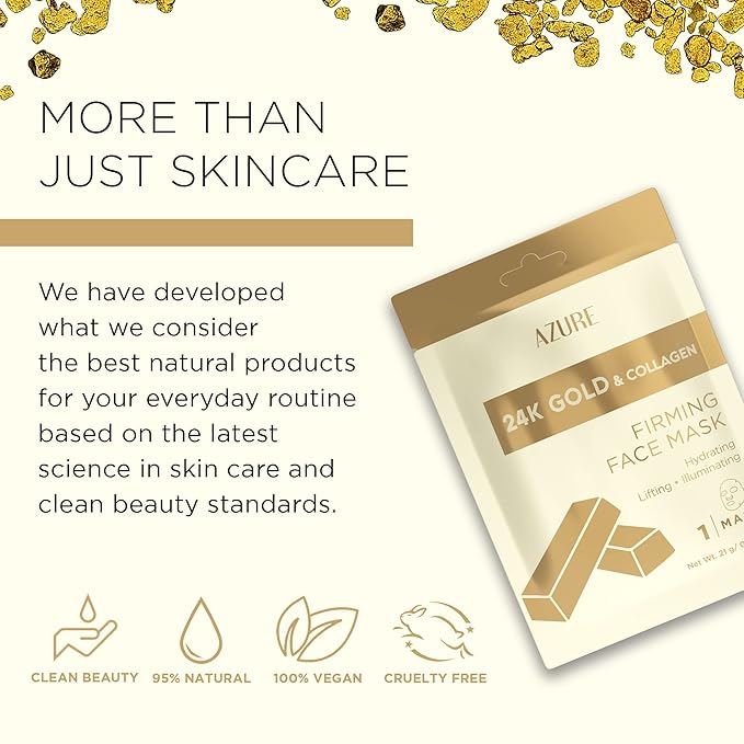 AZURE 24K Gold Face Mask- Anti Aging, Hydrating, Toning Facial Mask - Helps Reduce Wrinkles & Fine Lines with Hyaluronic Acid & Collagen - Skin Care Made in Korea - Pack of 10