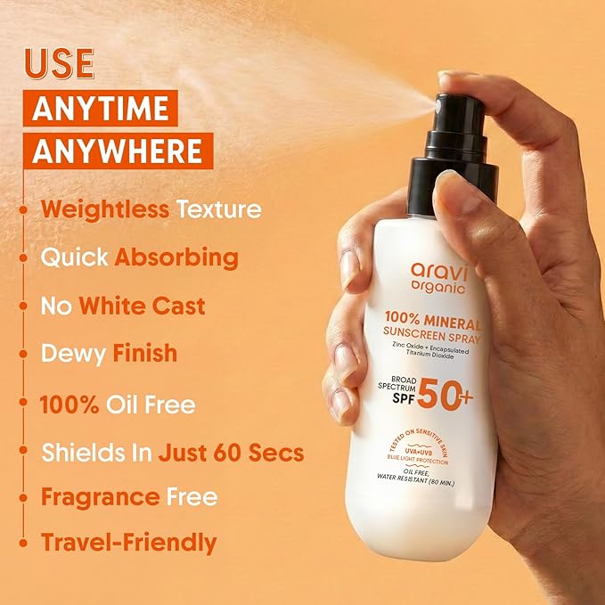 Aravi Organic 100% Mineral Sunscreen Spray Mist SPF 50 | Broad Spectrum | Water Resistant 80 Mi | Lightweight, No White Cast | Reef Safe + Oxybenzone Free | Zinc Oxide & Titanium Dioxide | 3.3 fl oz