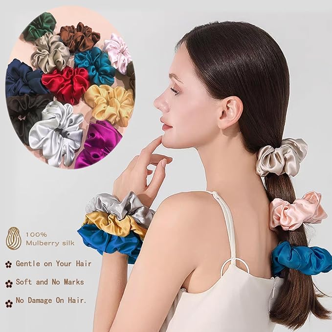 SALE 100% Pure Mulberry Silk Hair Scrunchies16 Momme silk scrunchies 100% Silk Hair Scrunchies Silk Hair Ties for Women Girls Curly Thick Thin Hair Women's Black Satin Sleep (1, 09 blue)