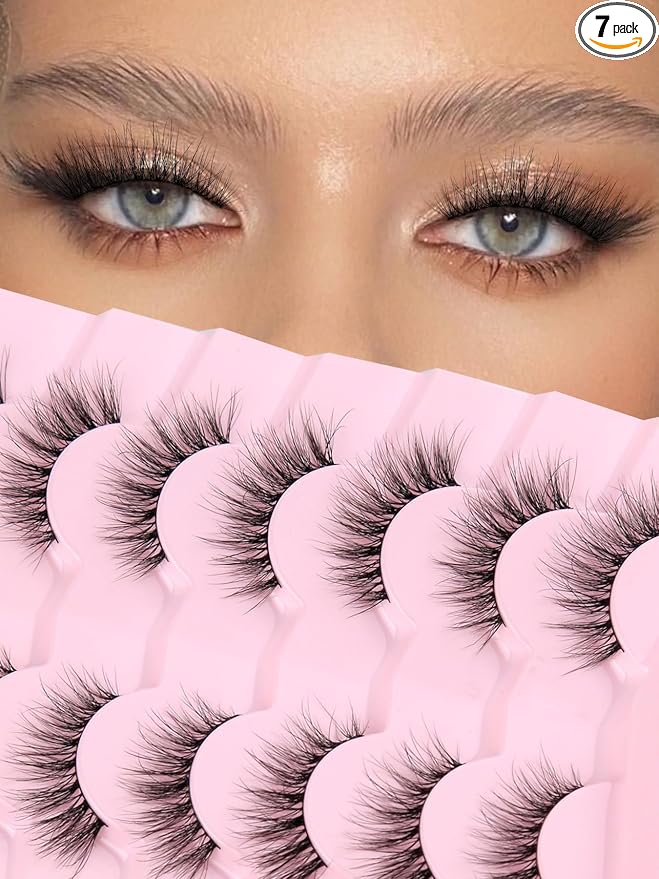 Natural Cat Eye Lashes Wispy Eyelashes 14mm Lightweight False Eyelashes 3D Volume Natural Lashes 0.1mm Thin Cotton Band Lash Strips Pack C Curl Soft Eyelash 7 Pairs Siligli