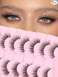 Natural Cat Eye Lashes Wispy Eyelashes 14mm Lightweight False Eyelashes 3D Volume Natural Lashes 0.1mm Thin Cotton Band Lash Strips Pack C Curl Soft Eyelash 7 Pairs Siligli