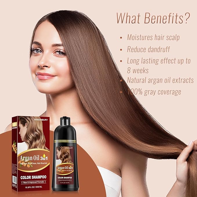 Chestnut Brown Hair Dye Shampoo with Argan Oil for Men & Women, 3 in 1 Semi-Permanent Hair Dye for Shampoo Color Treated Hair, Easy to Use, Shampoo Para Canas,16.9 Fl oz (Chestnut Brown)