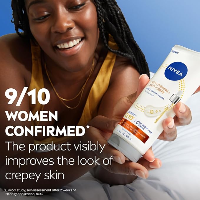 NIVEA Skin Firming & Anti Crepe Body Serum-Lotion with Q10, Hyaluronic Acid and Vitamin C, Skin Firming Body Lotion for Crepey Skin, 72-Hour Moisture, 6.7 Fl Oz Tube