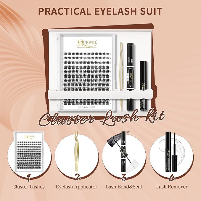 QUEWEL DIY Eyelash Extensions Kit, 144 Pcs Lash Clusters Eyelash Applicator Tool, Super Hold Bond and Seal, Clusters Lash Glue Remover Easy to Apply at Home(FD-QU-H-DH-03)