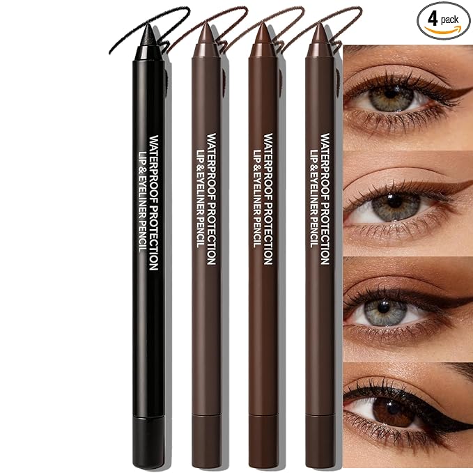 4Pcs Black Brown Eyeliner Pencil, Sharpenable Gel Eye Liner Waterproof Smudge proof Long Lasting, Matte Glitter Waterline Eyeliner Set for Women Smooth Cream Eye Shadow Brightener Pen Makeup