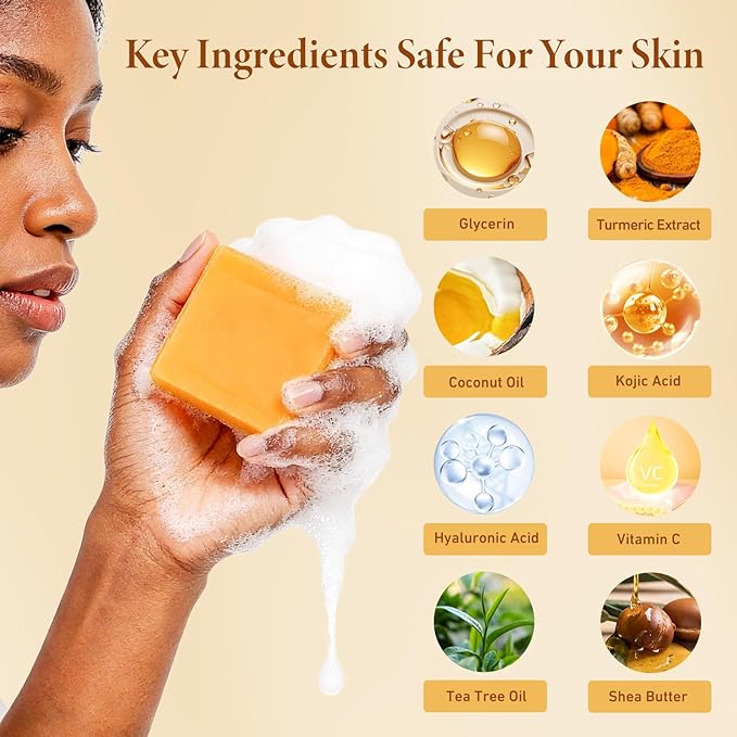 Kojic Acid Turmeric Soap Bar, Dark Spot Remover for Face & Body, Turmeric Soap to Fade Dark Spots, Even Skin Tone Brightening Soap with Vitamin C & Tea Tree Oil for Acne Scars, 2 Bars