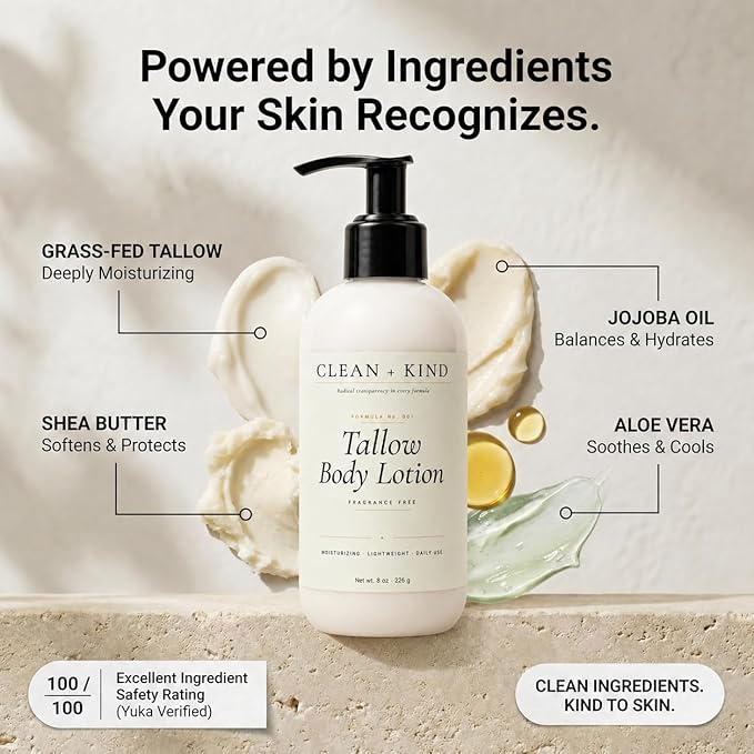 Fragrance Free Tallow Body Lotion — Hydrating Non-Toxic Unscented Natural Body Moisturizer & Cream, Grass-Fed Beef, Organic Shea, Jojoba, Coconut MCT & Aloe for Dry Sensitive Skin (8 oz)