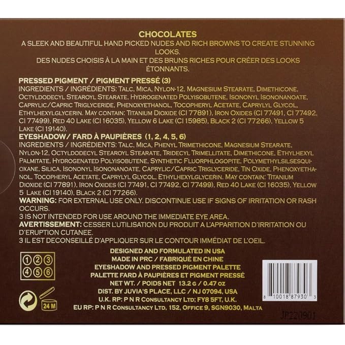 Juvia's Place Palette The Chocolates - Tan, Auburn, Shades of 6, Rich Dark Chocolate Palette, Professional Eye Makeup, Pigmented, Makeup Palette for Eye Color & Shine