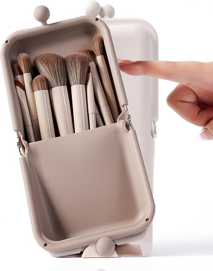 APT 1101 Makeup Brush Holder Travel Cosmetic Bag with Suction Base, Portable Cosmetic Organizer for Travel & Home, Organizer for Brushes, Beauty Tools & Accessories (Oatmeal)