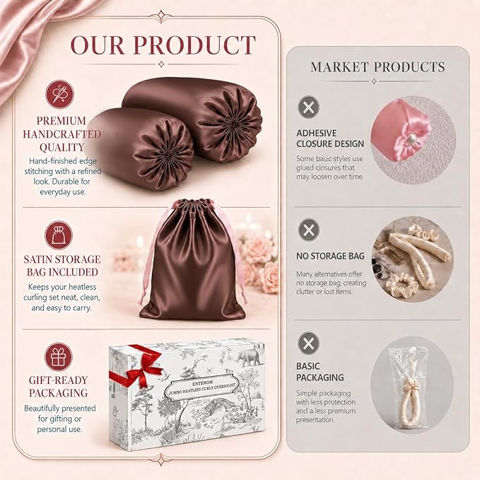 EnteromMuse Jumbo Heatless Curls Overnight Heatless Hair Curler Oversized Heatless Curling Rod, No Heat Damage Hair Curler for Voluminous Curls, Rollers & Curls Set with Satin Fabric(Brown, Jumbo)