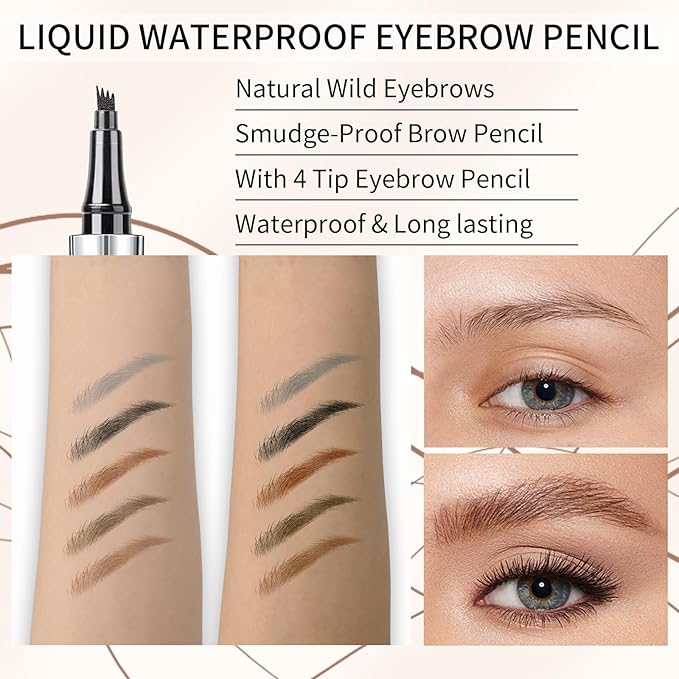 QIC Eyebrow 4 Tip Brow Pencil, Microblading Pen Waterproof Long-Lasting with Upgrade Micro-Fork Tip Applicator for Natural Brows (Dark Brown-02)