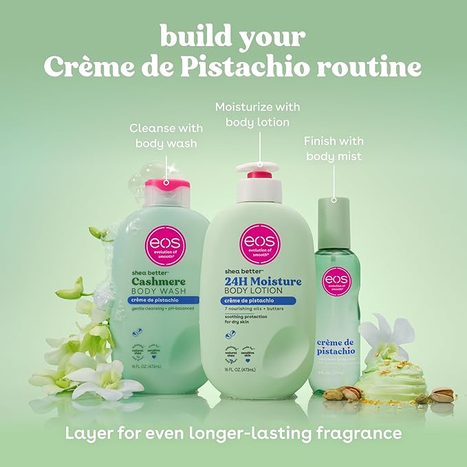 eos Cashmere Body Mist, Crème de Pistachio, Body Spray for Women, Pistachio Perfume, Hair Mist, Moisturizing, Hyaluronic Acid, Glycerin, Vegan, Cruelty-free, 6 fl oz