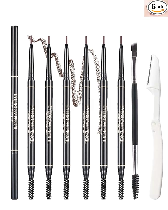 6 Pcs Waterproof Eyebrow Pencil Brown Set,Ultra Fine Professional Eyebrow Retractable Pencil Long Lasting Tinted Micro Brow Pen,Defines,Fills for Perfect&Tiny Brows Women Eye Makeup Gel Pencil-03