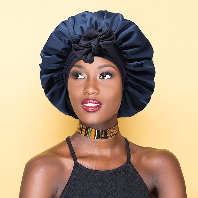 Reversible Satin Bonnet for Women with 3PCS Hair Scrunchies Tie Band Hat for Sleep Large 2 Layered Silk Nightcap (Reversible (Navy/Lake Blue))