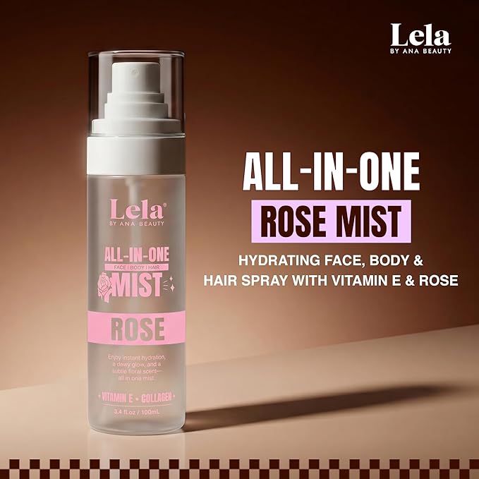 Lela Beauty All-In-One Rose Mist Hydrating Face, Body & Hair Spray with Vitamin E & Rose - Lightweight Travel Size Formula with Cooling Facial Mist for Glow & Refreshed Skin - 3.4fl oz