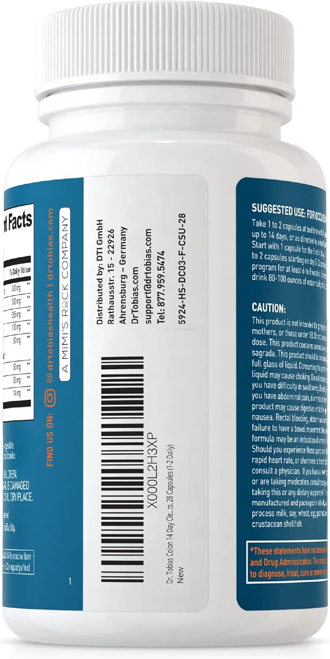 Dr. Tobias Colon Cleanse - Constipation Relief & Gut Health Support for Women & Men | 14 Day Colon Cleanser for a Gentle Colon Detox & Gut Flush - 2 Bottles of 28 Capsules