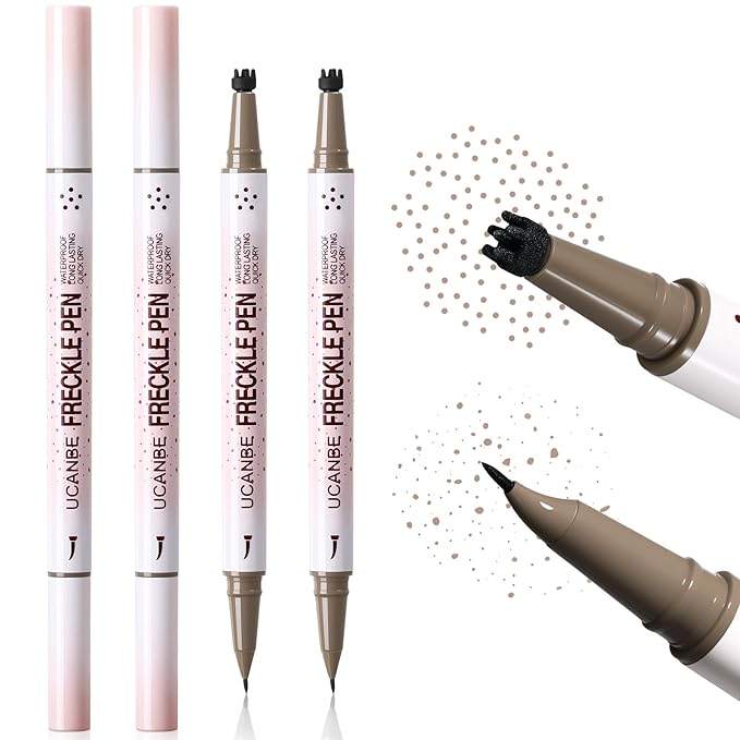 UCANBE 2PCS Dual-Ended Freckle Pen & Freckle Stamp - Precise 15° Curved Tip Makeup Waterproof & Smudge Proof, Long Lasting Faux Freckles Pencils (01 Light Brown)