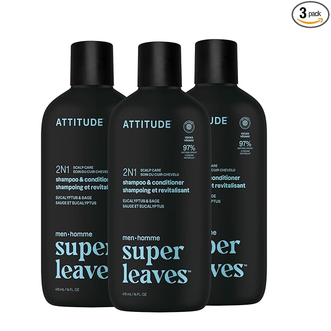 ATTITUDE Men's Shampoo and Conditioner 2-in-1, Scalp Care for Build Up & Oily Hair, 97% Natural Origin Ingredients, EWG Verified, Eucalyptus & Sage, 14 Fl Oz (Pack of 3)