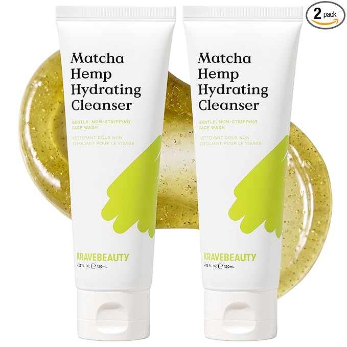 KraveBeauty Matcha Hemp Hydrating Cleanser for Sensitive Skin, 2 Pack, Gentle, Non-Stripping Face Wash with Matcha, Hemp Seed Oil & Glycerin, Fragrance Free, 2 x 120ml