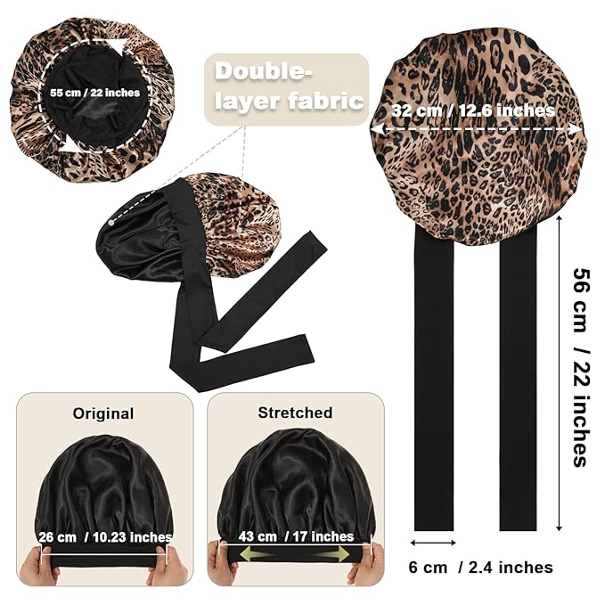 AWAYTR Satin Bonnet for Women - Leopard Print - Large - 2 Layered Silk Sleeping Cap with 3PCS Hair Scrunchies