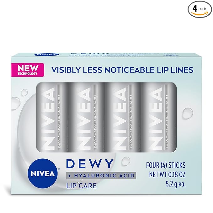 NIVEA Dewy Lip Balm with Hyaluronic Acid, Lightweight and Ultra-Hydrating for All Day Moisture, Leaves Visibly Less Noticeable Lip Lines and No Waxy Feel, 0.18 Oz, Pack of 4