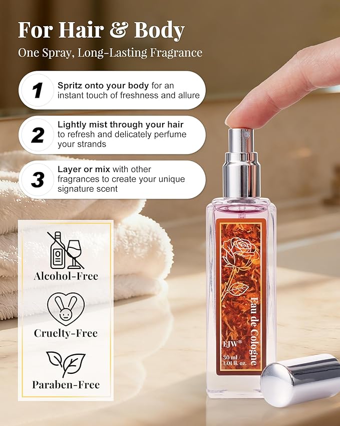 EJW Tobacco Rose Body Spray for Women | Warm Floral Hair Perfume & Body Mist, Alcohol-Free Long-Lasting Fragrance with Aloe & Collagen, 1.01 fl oz (Tobacco Rose)