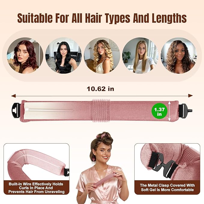 Overnight Heatless Hair Curler, Upgraded with Hair Pad Grippers Satin Jumbo Flexi Blowout Curls Rods, 3pcs No-Heat Styling Tools Curling Rod to Sleep in for All Hair Types - Dark Pink