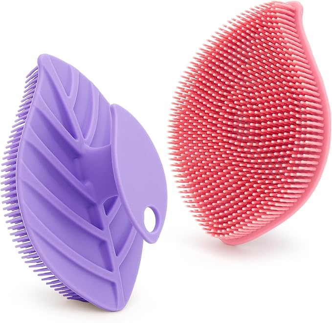 2 Pack Silicone Body Scrubber, Soft Silicone Loofah, Gentle Exfoliating Body Scrubber for Sensitive Skin, Leaf Shaped Shower Scrubbers, Silicone Scrubbers Body Brush for Women Men (Pink & Purple)