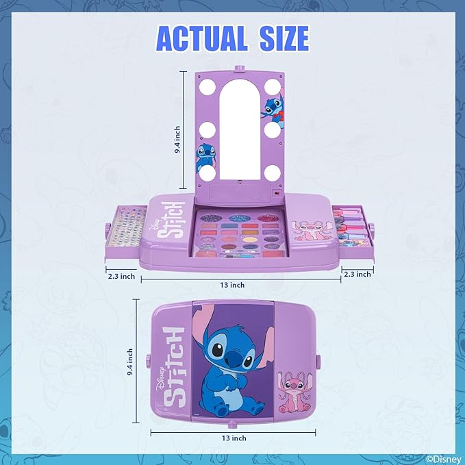 Disney Stitch Beauty Vanity Set with Light-Up Mirror, Includes Lip Gloss, Eyeshadow, Blush, Brushes, Nail Polish, Accessories, Batteries Not Included, Ages 13+, for Gift-Giving, by Townley Girl