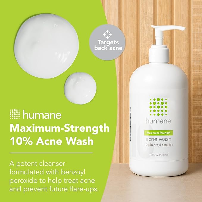 humane Benzoyl Peroxide Acne Body Wash - 10% Maximum-Strength Face, Skin, Butt, and Back Acne Treatment - 16 Fl Oz - Dermatologist-Tested Non-Foaming Acne Face Wash Cleanser - Vegan, Cruelty-Free